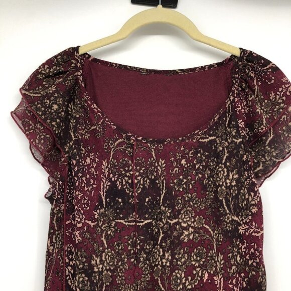 Burgundy Floral Chiffon flowy tunic scoop neck Short Sleeve Blouse size ~M - Picture 3 of 14